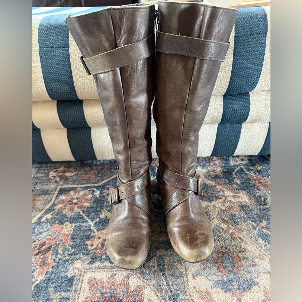 Fidji Equestrian knee high Riding leather buckles Boots olive green Size 38.5